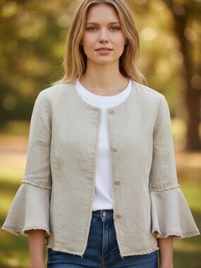 United Colors of Benetton Cotton Linen Blend Blazer | Size 4 | Raw Edge | Boho